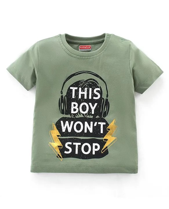 Babyhug Cotton Knit Half Sleeves Text Graphics T-Shirt - Light Olive